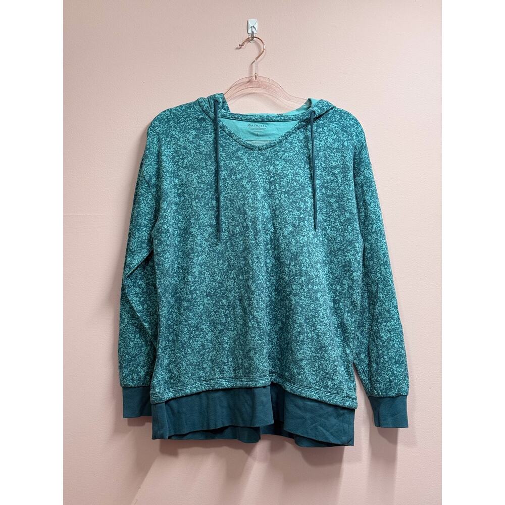 Athleta Sundown Alliance Hoodie Small Teal Blue Layered Look Soft Knit